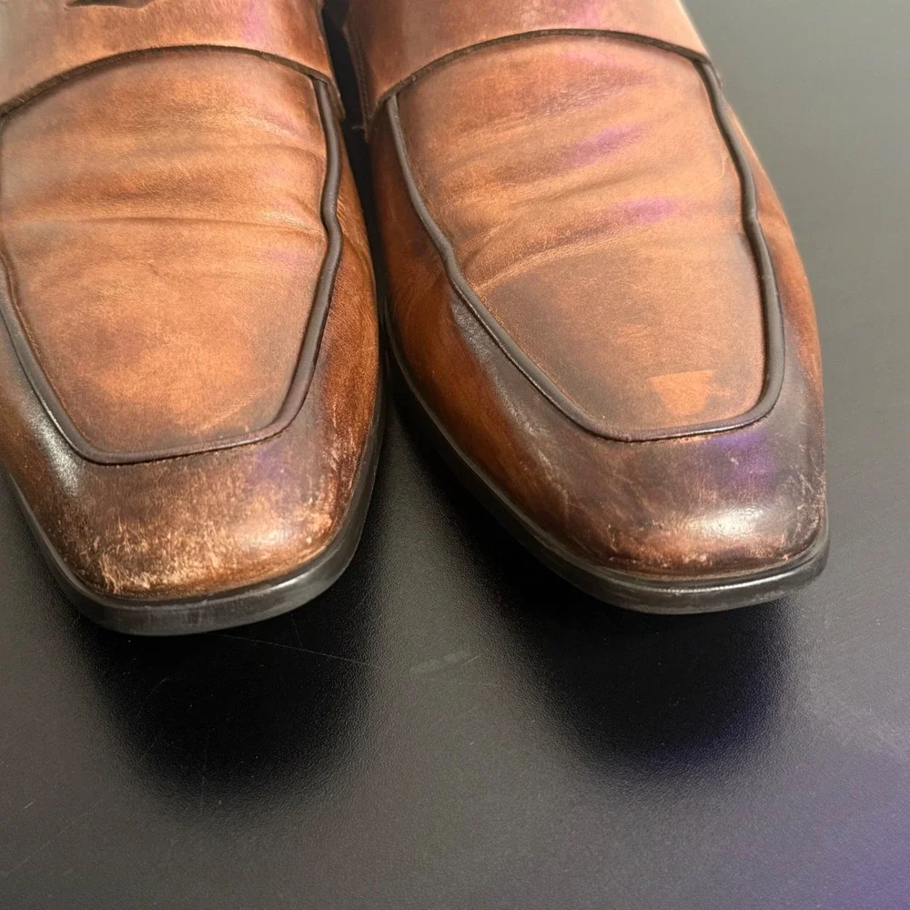 Santoni Penny Loafer Mens 11.5 Brown Leather Burnished Apron Toe Made in Italy